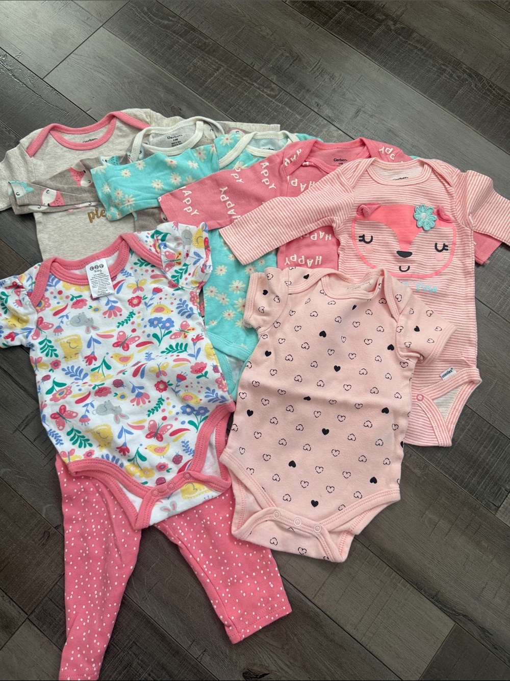 Gerber Baby Girls Pink & Aqua Floral and Heart One-Piece Bodysuit Bundle